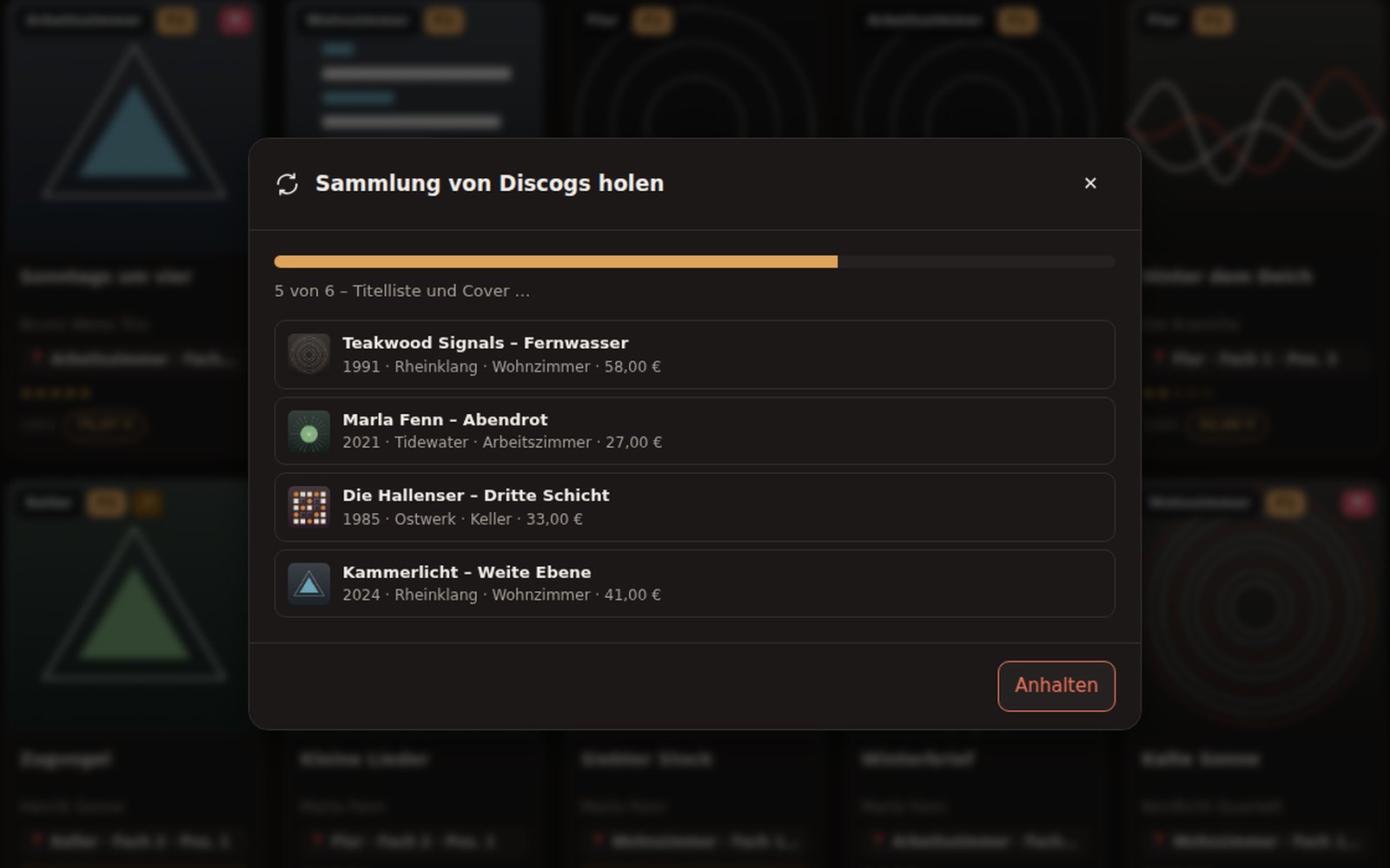 Das Fenster „Sammlung von Discogs holen“ mit Fortschrittsbalken und den gerade übernommenen Platten samt Cover und Preis.